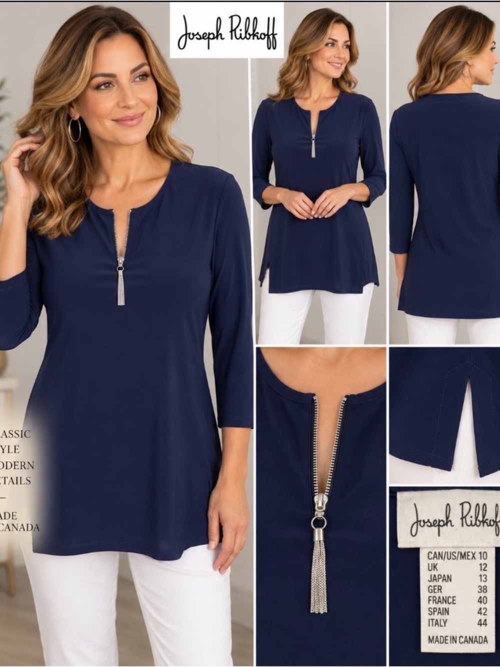 Joseph Ribkoff Navy Blue Zip Tassel Tunic Top 3/4 Sleeve Size 10 Canada